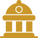 Gold building icon on black background