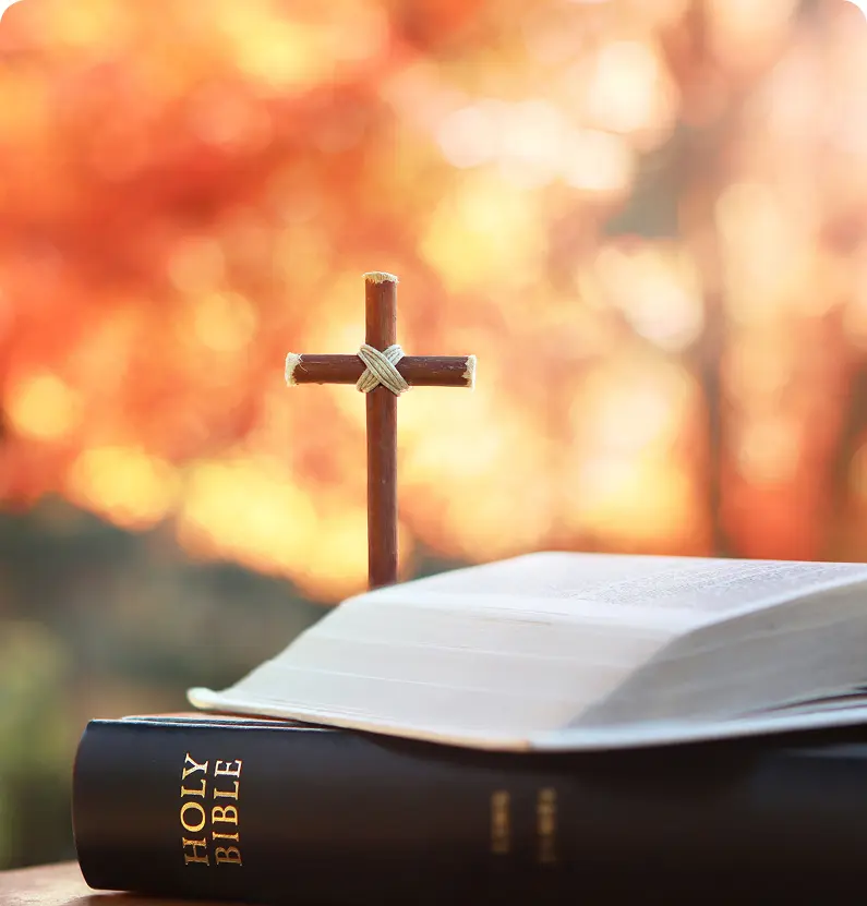 Open Bible and cross with autumn background